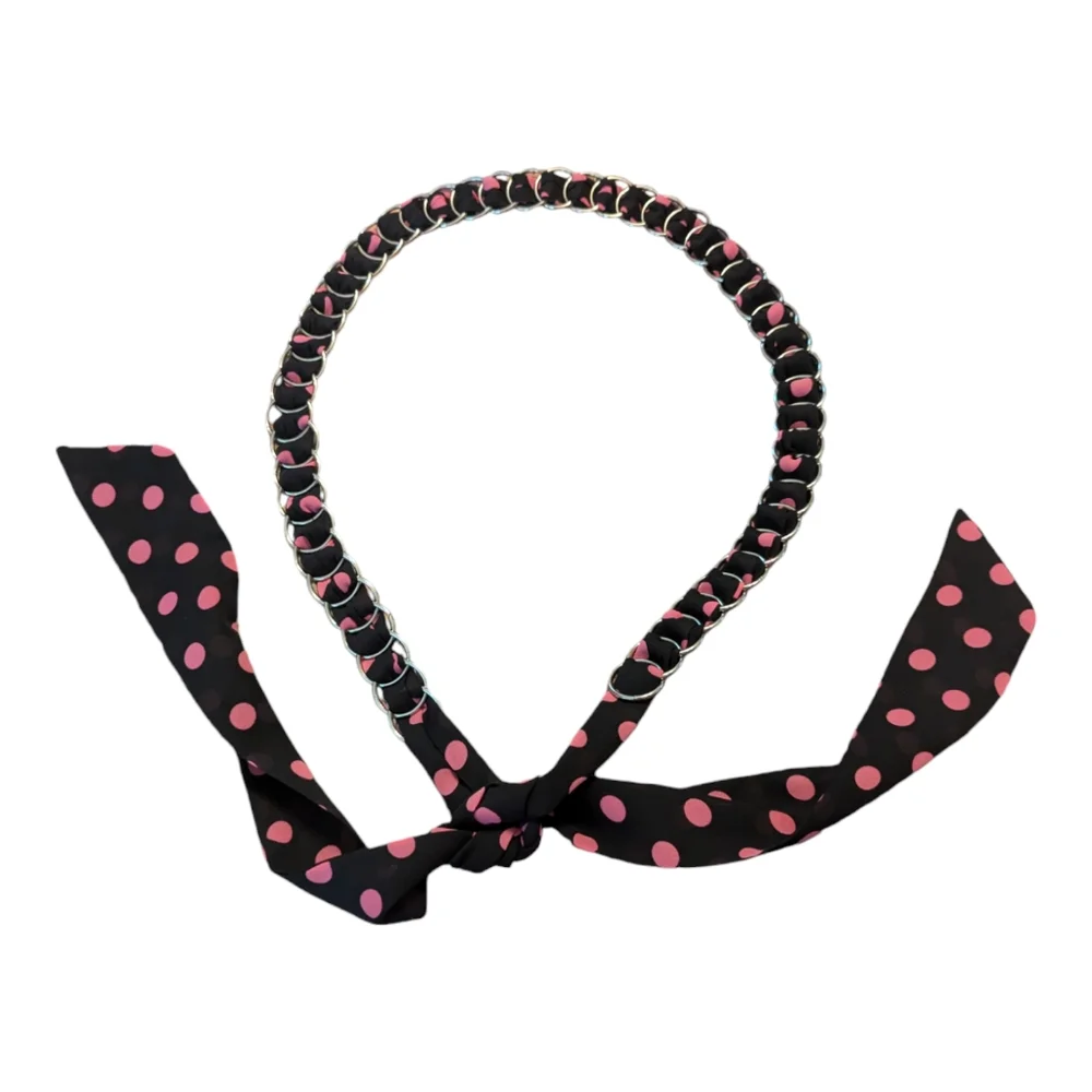 Vintage Retro Black Pink Polka Dot Silver Stainless Steel Loops Belt 33